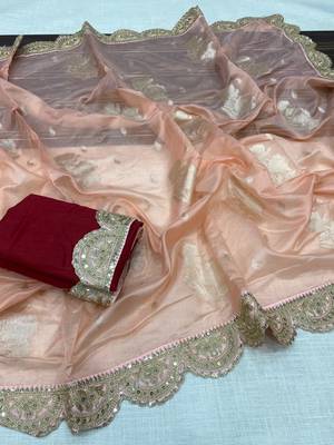 Peach Color Designer Organza Party Wear Saree 1