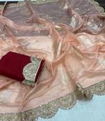 Peach Color Designer Organza Party Wear Saree