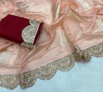 Peach Color Designer Organza Party Wear Saree 2