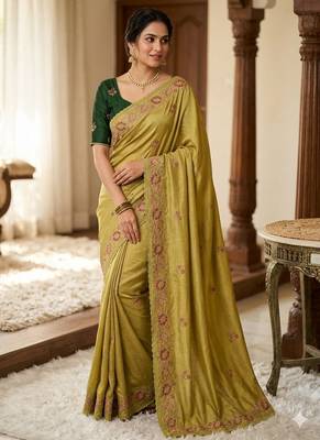 Light Lemon Color Designer Organza Party Wear Saree 1