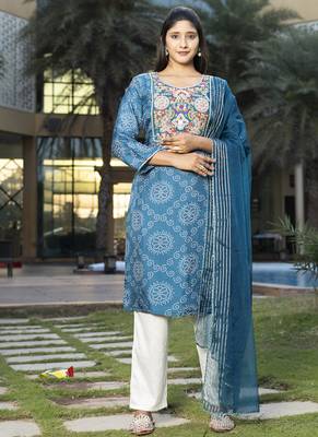 Blue viscose print dola with handwork kurta set 1