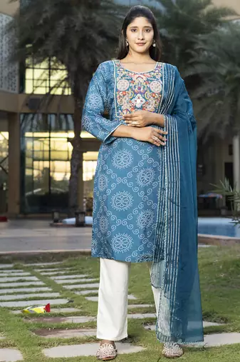 Blue viscose print dola with handwork kurta set