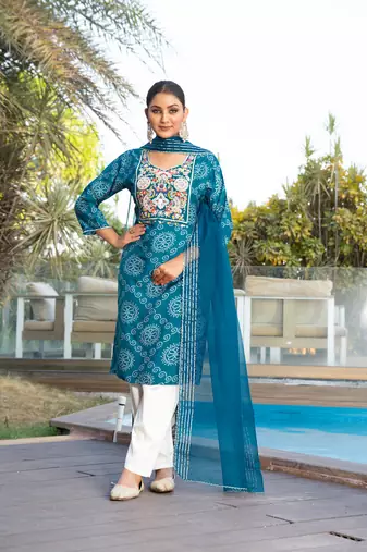 Blue viscose print dola with handwork kurta set