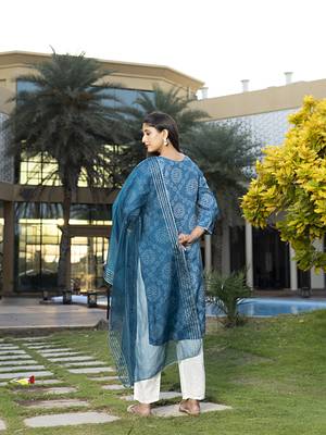 Blue viscose print dola with handwork kurta set 4