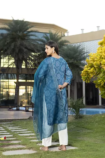 Blue viscose print dola with handwork kurta set