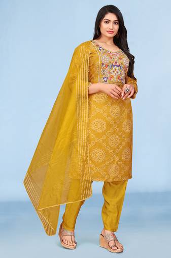 Mustard viscose print dola with handwork kurta set