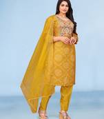 Mustard viscose print dola with handwork kurta set