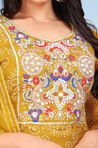 Mustard viscose print dola with handwork kurta set