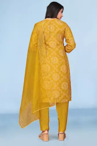 Mustard viscose print dola with handwork kurta set