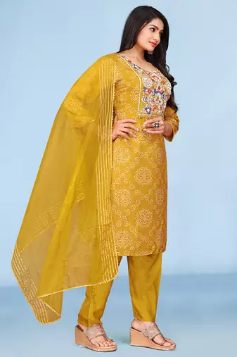 Mustard viscose print dola with handwork kurta set