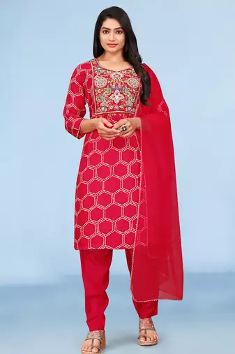 Red viscose print dola with handwork kurta set