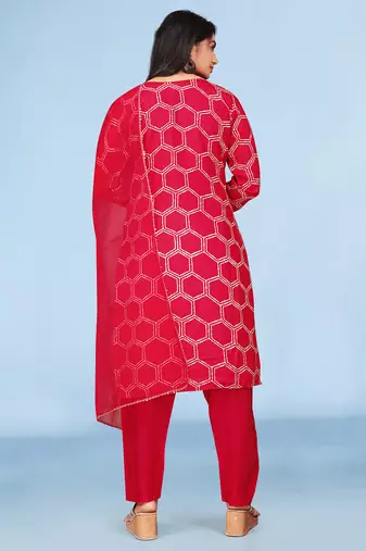 Red viscose print dola with handwork kurta set