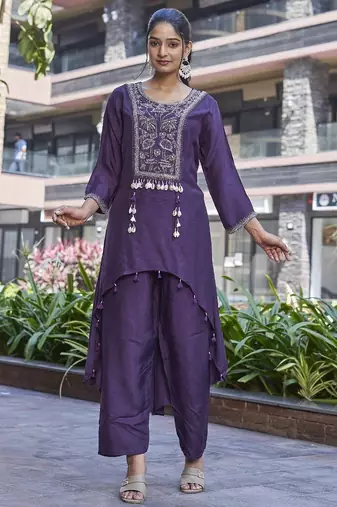Purple viscose dola with handwork kurta set