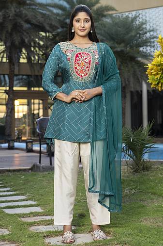 Teal blue viscose print dola with handwork kurta set