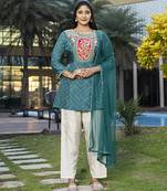 Teal blue viscose print dola with handwork kurta set