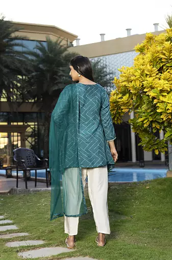 Teal blue viscose print dola with handwork kurta set