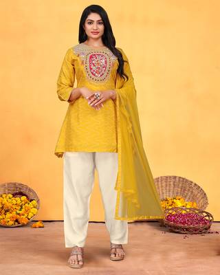 Mustard viscose print dola with handwork kurta set 1