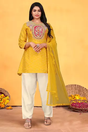 Mustard viscose print dola with handwork kurta set