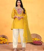 Mustard viscose print dola with handwork kurta set