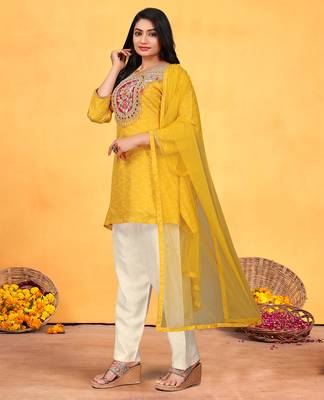 Mustard viscose print dola with handwork kurta set 2