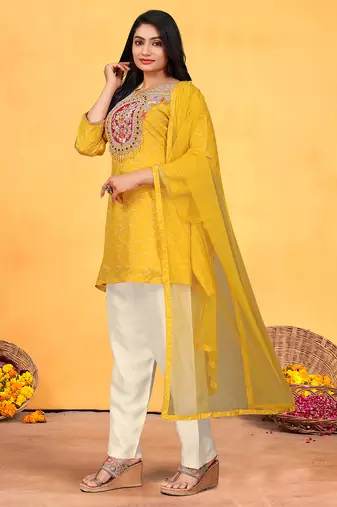 Mustard viscose print dola with handwork kurta set