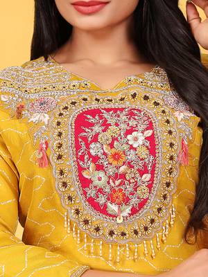 Mustard viscose print dola with handwork kurta set 3