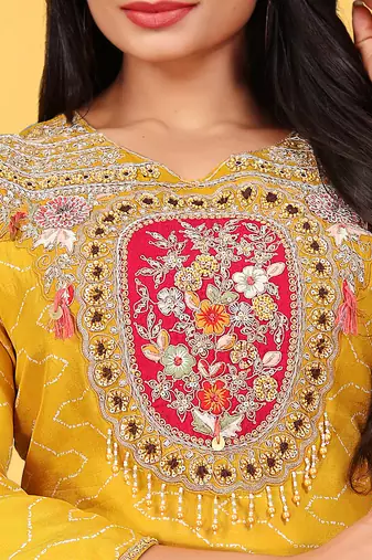 Mustard viscose print dola with handwork kurta set