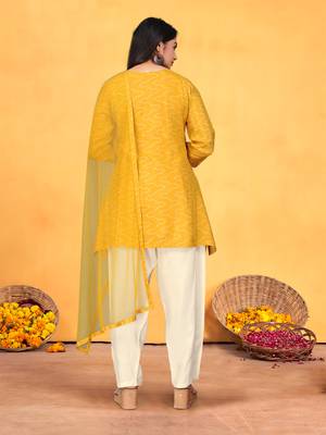 Mustard viscose print dola with handwork kurta set 4