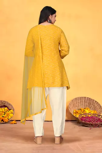 Mustard viscose print dola with handwork kurta set