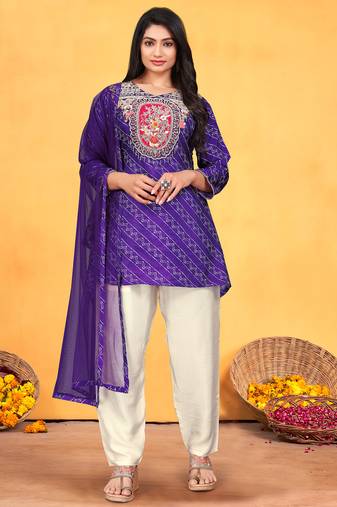 Purple viscose print dola with handwork kurta set