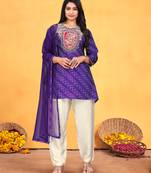 Purple viscose print dola with handwork kurta set