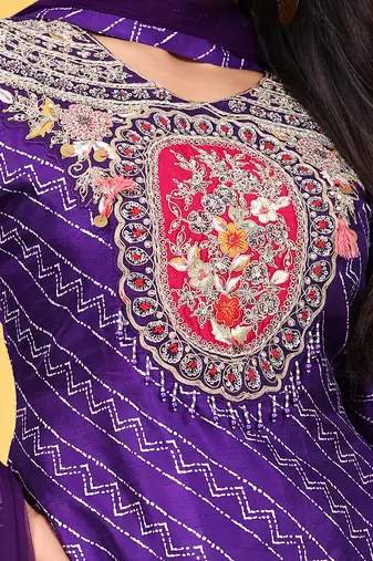 Purple viscose print dola with handwork kurta set