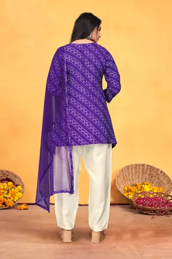 Purple viscose print dola with handwork kurta set