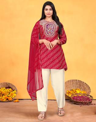 Red viscose print dola with handwork kurta set 1