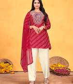 Red viscose print dola with handwork kurta set