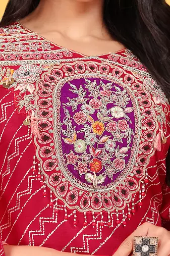 Red viscose print dola with handwork kurta set