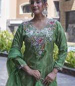 Green viscose print dola with handwork kurta set