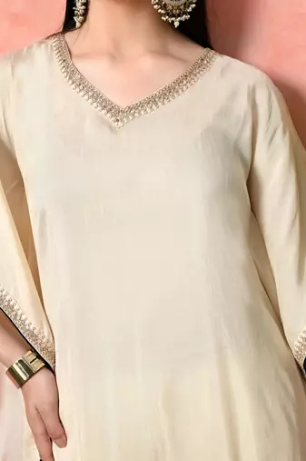 Off white viscose dola with kolkata handwork kurta set