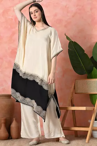 Off white viscose dola with kolkata handwork kurta set