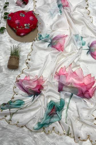 fancy tabby silk white floral print hand embroidery saree for women