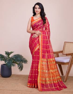 Pink weaving jari designer kota doriya saree with blouse piece 4