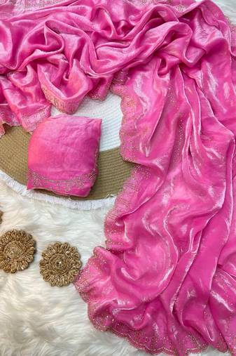 designer pink space silk diamond work saree for women festival wear