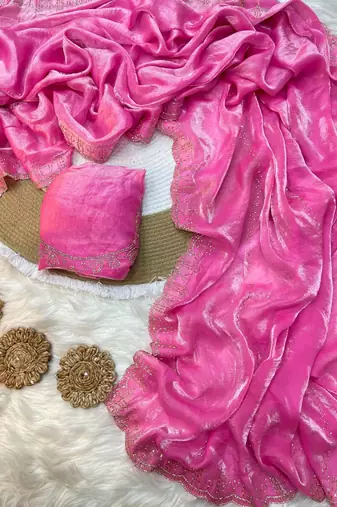 designer pink space silk diamond work saree for women festival wear