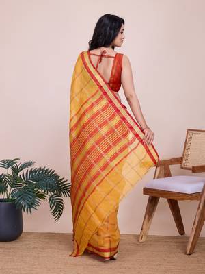 Yellow weaving jari designer kota doriya saree with blouse piece 4