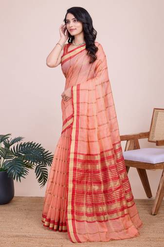 Peach weaving jari designer kota doriya saree with blouse piece