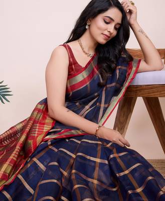 Blue weaving jari designer kota doriya saree with blouse piece 3