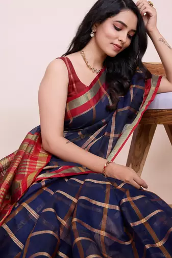 Blue weaving jari designer kota doriya saree with blouse piece