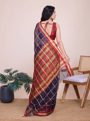 Blue weaving jari designer kota doriya saree with blouse piece 4