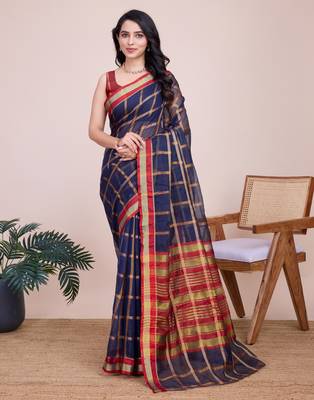 Blue weaving jari designer kota doriya saree with blouse piece 5