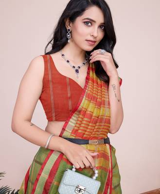 Green weaving jari designer kota doriya saree with blouse piece 3